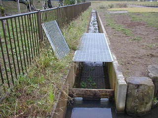 もう一方の水路では、堰を使って水流を制限し、滞留時間を確保する。